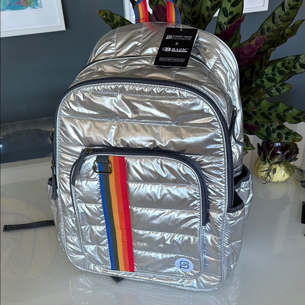 SYDNEY PAIGE X BAZIC Products RALEIGH Puff Backpack, 18", Silver Rainbow